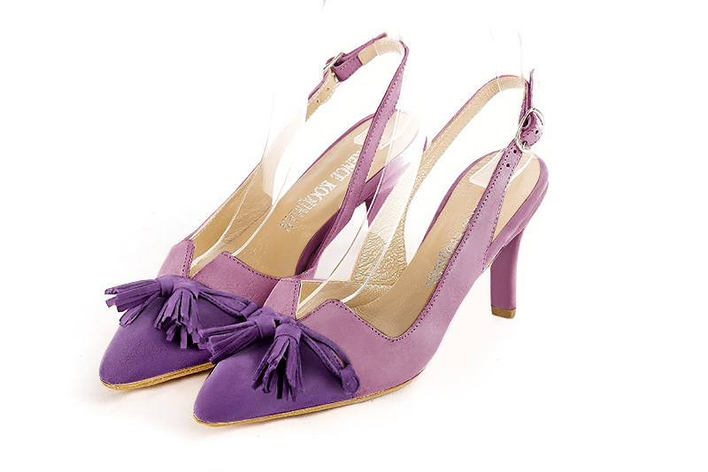 Amethyst purple women's open back shoes, with a knot. Tapered toe. High slim heel. Front view - Florence KOOIJMAN